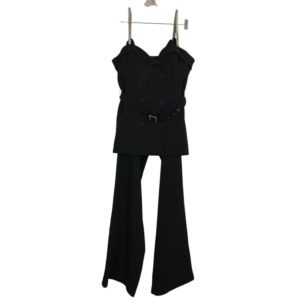 Fashion Nova Black Double Breasted Pants Set Rhinestone Straps Size XL‎ Sexy Y2K
